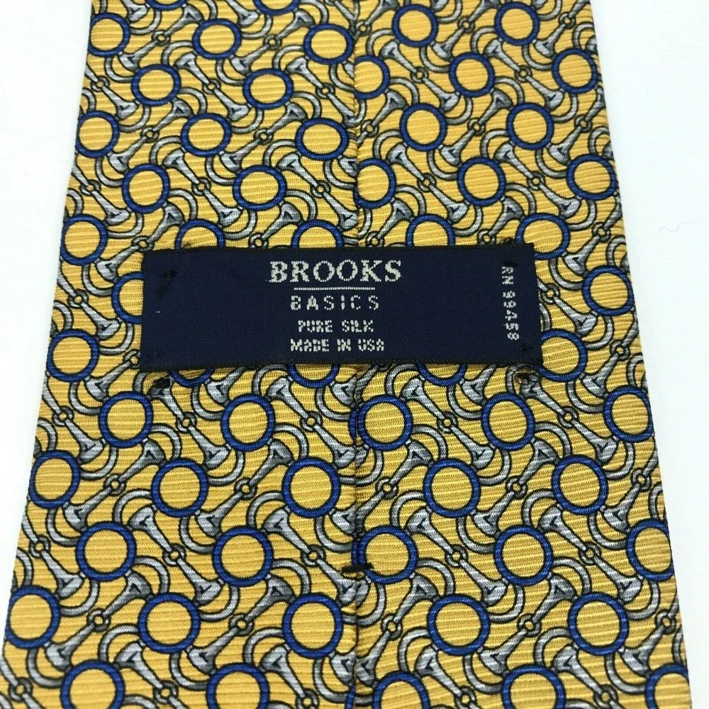 Brooks Basics Pure Silk Yellow Tie Silver Bridle Bits Blue Circles Men's Necktie